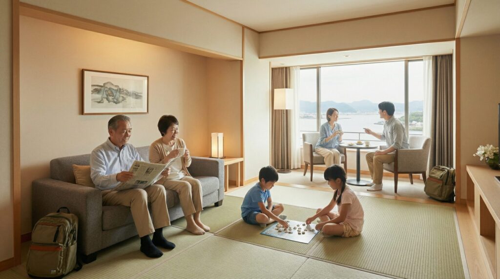 ホテルでくつろぐ親子