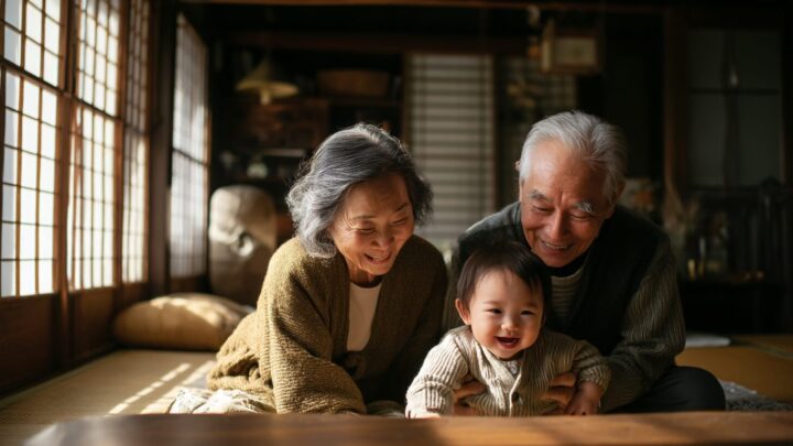 孫と遊ぶ老夫婦