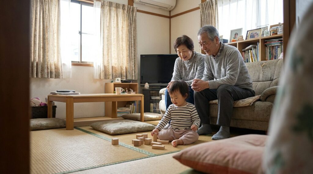 孫と遊ぶ老夫婦