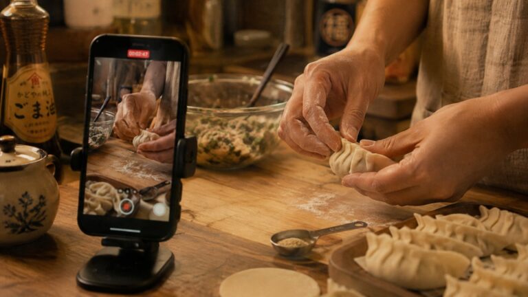 木製のキッチンカウンターで餃子を包む手元と、それを撮影するスマートフォン