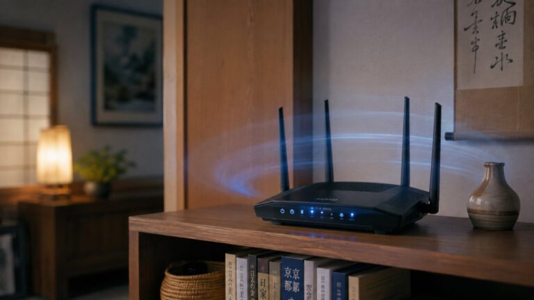 木製の棚の上に、電波を遮らないようむき出しで置かれたWi-Fiルーター