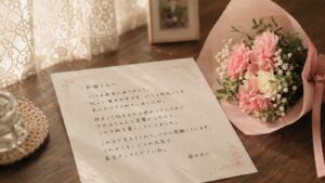レースカーテン越しの柔らかな光の中、手書きの手紙と小さな花束が置かれたテーブル