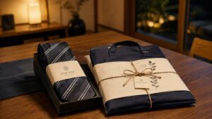 夕方の食卓に並んだ、贈り物用に包まれたネクタイとエプロン